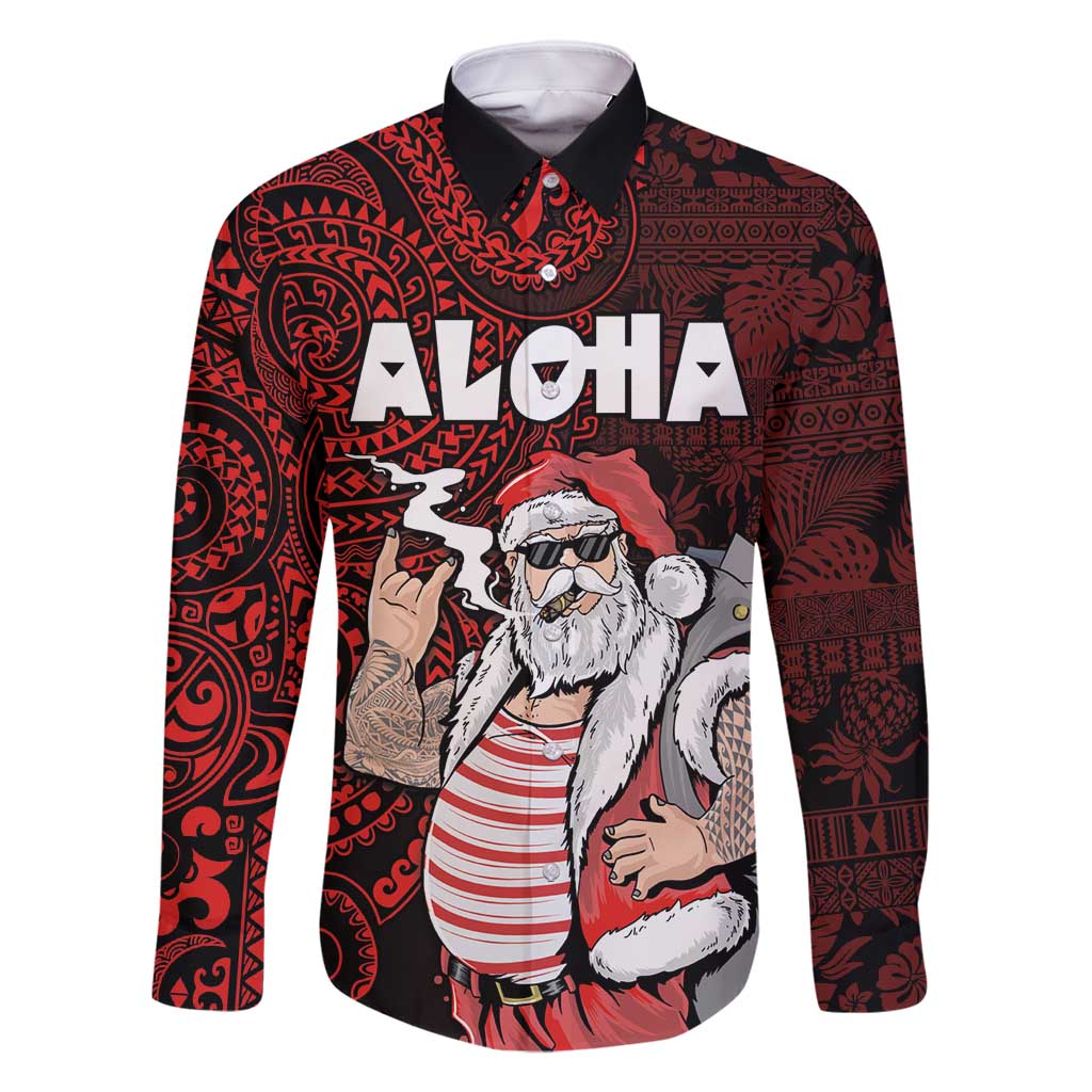 Hawaii Aloha Santa Claus Funny Polynesian Tattoo Family Matching Tank Maxi Dress and Hawaiian Shirt Red Color