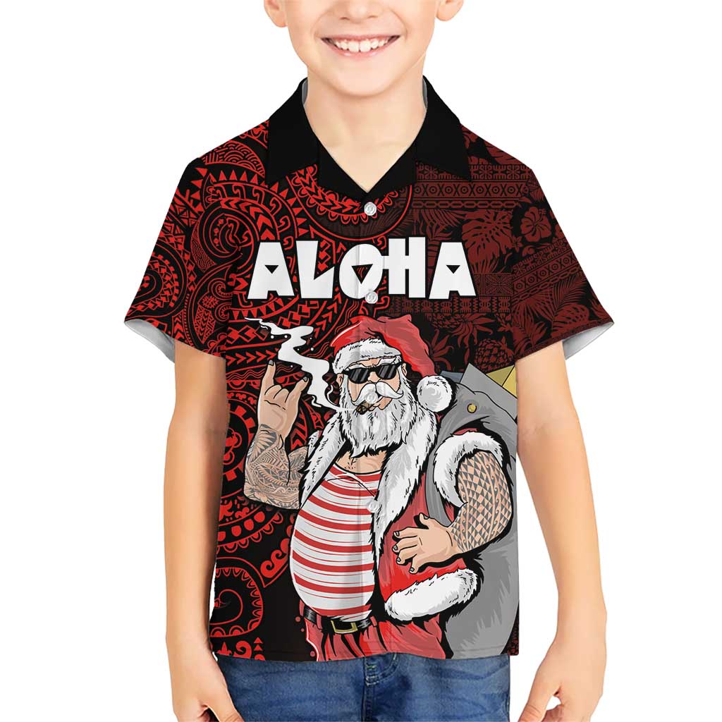 Hawaii Aloha Santa Claus Funny Polynesian Tattoo Hawaiian Shirt Red Color