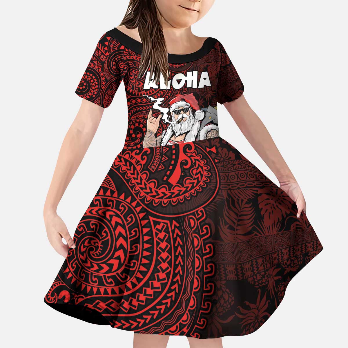 Hawaii Aloha Santa Claus Funny Polynesian Tattoo Kid Short Sleeve Dress Red Color