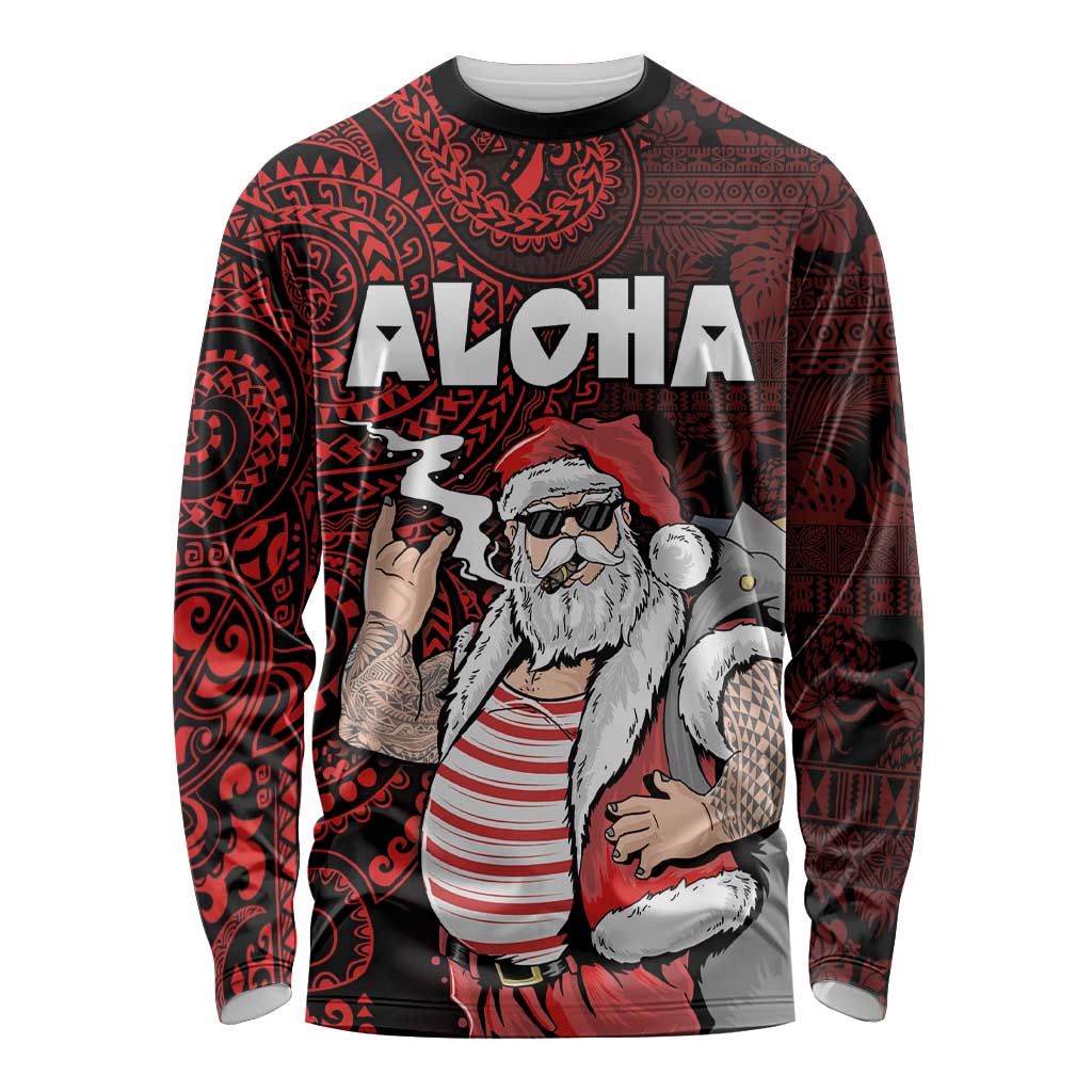 Hawaii Aloha Santa Claus Funny Polynesian Tattoo Long Sleeve Shirt Red Color