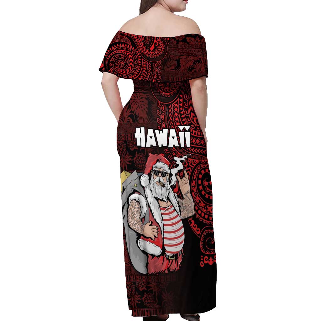 Hawaii Aloha Santa Claus Funny Polynesian Tattoo Off Shoulder Maxi Dress Red Color