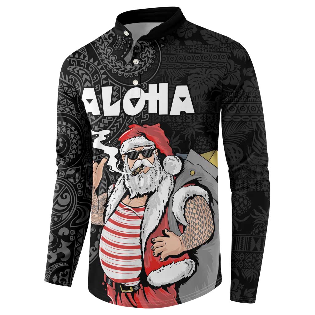 Hawaii Aloha Santa Claus Funny Polynesian Tattoo Button Sweatshirt Black Color