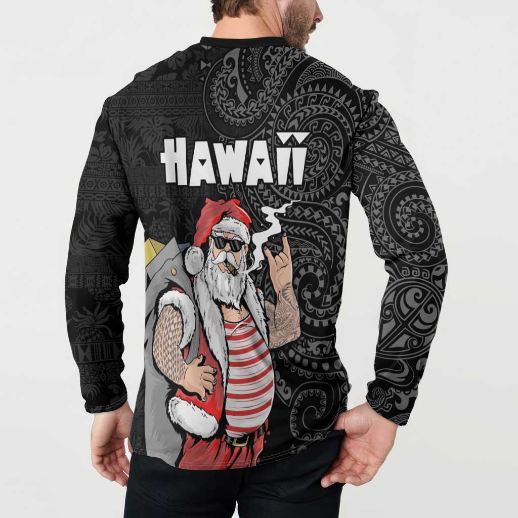 Hawaii Aloha Santa Claus Funny Polynesian Tattoo Button Sweatshirt Black Color