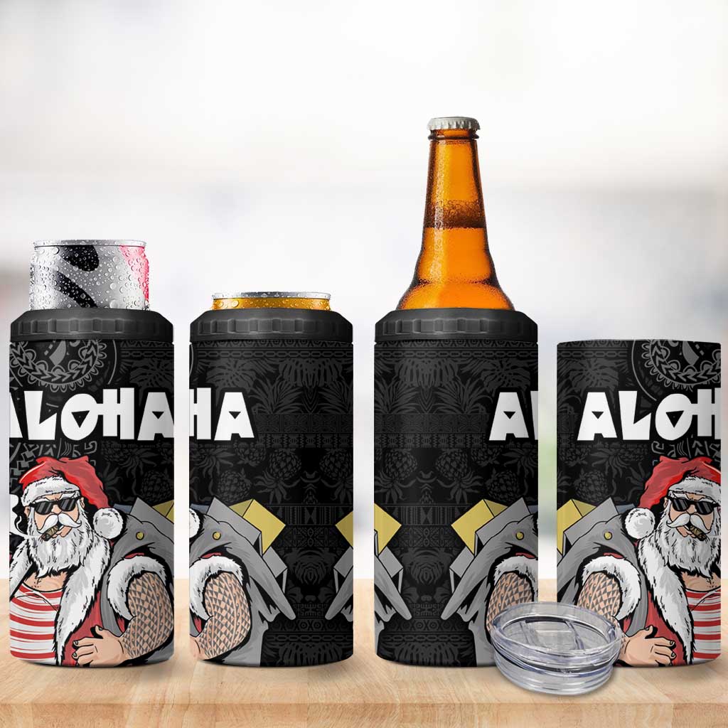 Hawaii Aloha Santa Claus Funny Polynesian Tattoo 4 in 1 Can Cooler Tumbler Black Color