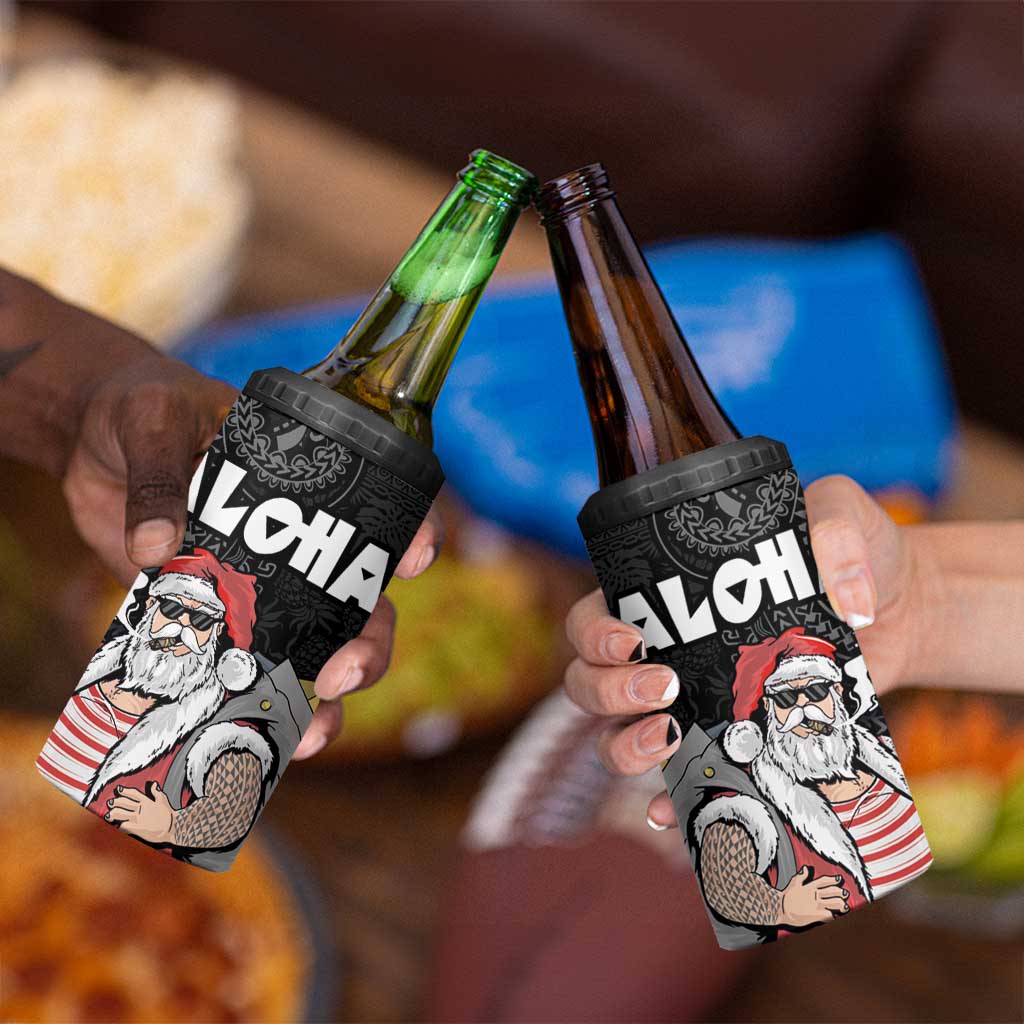Hawaii Aloha Santa Claus Funny Polynesian Tattoo 4 in 1 Can Cooler Tumbler Black Color