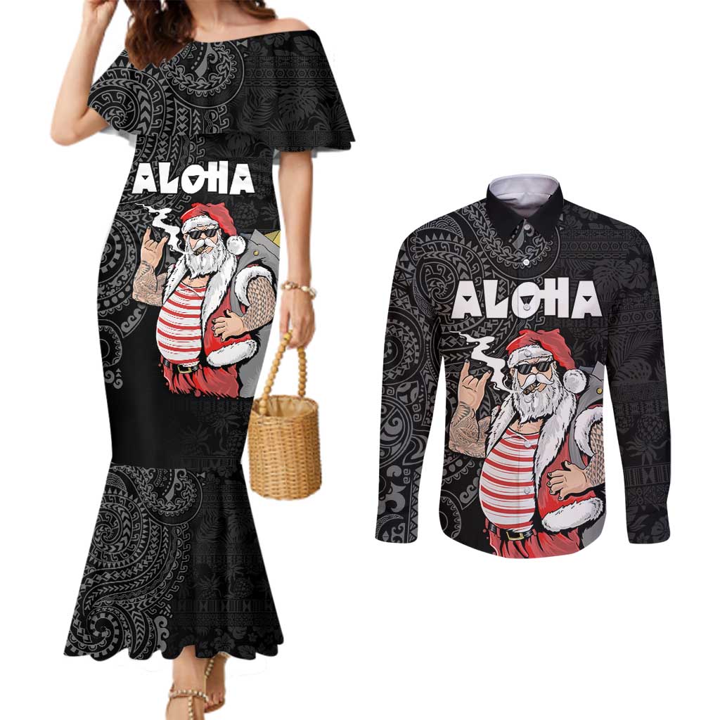 Hawaii Aloha Santa Claus Funny Polynesian Tattoo Couples Matching Mermaid Dress and Long Sleeve Button Shirt Black Color