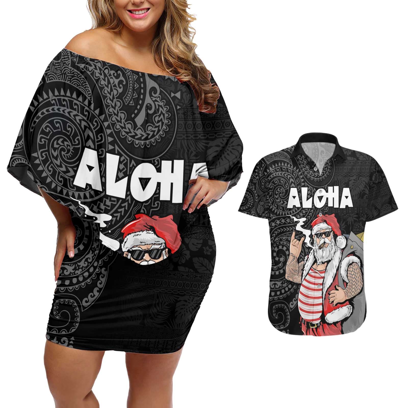 Hawaii Aloha Santa Claus Funny Polynesian Tattoo Couples Matching Off Shoulder Short Dress and Hawaiian Shirt Black Color