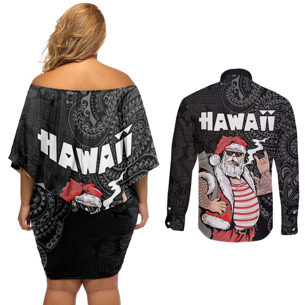 Hawaii Aloha Santa Claus Funny Polynesian Tattoo Couples Matching Off Shoulder Short Dress and Long Sleeve Button Shirt Black Color