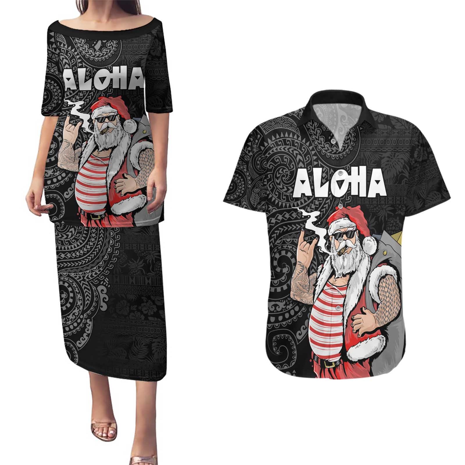 Hawaii Aloha Santa Claus Funny Polynesian Tattoo Couples Matching Puletasi and Hawaiian Shirt Black Color