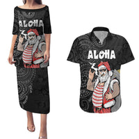 Hawaii Aloha Santa Claus Funny Polynesian Tattoo Couples Matching Puletasi and Hawaiian Shirt Black Color