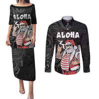 Hawaii Aloha Santa Claus Funny Polynesian Tattoo Couples Matching Puletasi and Long Sleeve Button Shirt Black Color