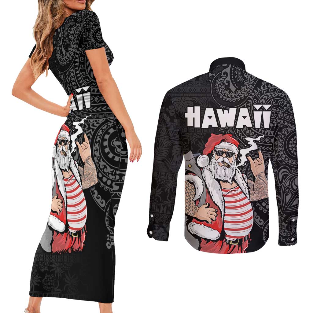 Hawaii Aloha Santa Claus Funny Polynesian Tattoo Couples Matching Short Sleeve Bodycon Dress and Long Sleeve Button Shirt Black Color