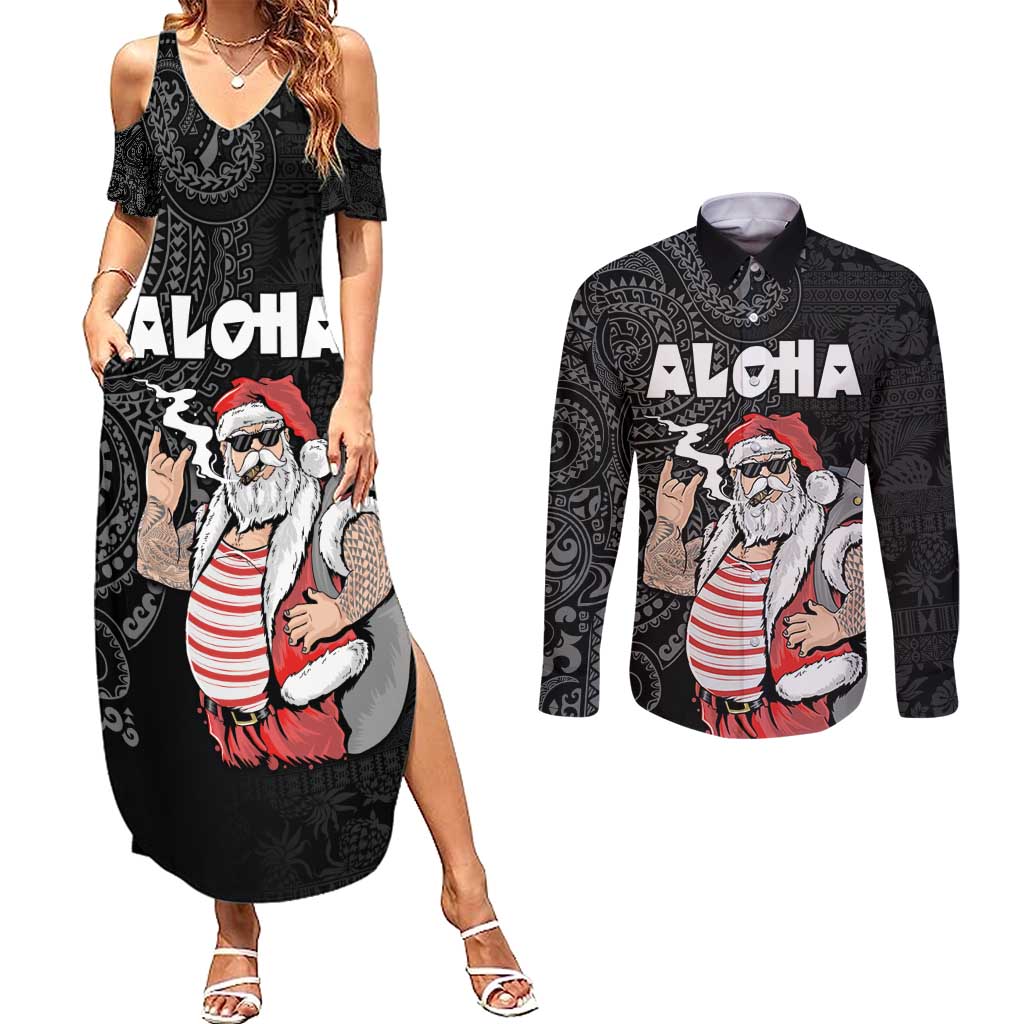 Hawaii Aloha Santa Claus Funny Polynesian Tattoo Couples Matching Summer Maxi Dress and Long Sleeve Button Shirt Black Color