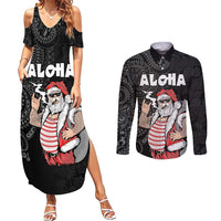 Hawaii Aloha Santa Claus Funny Polynesian Tattoo Couples Matching Summer Maxi Dress and Long Sleeve Button Shirt Black Color