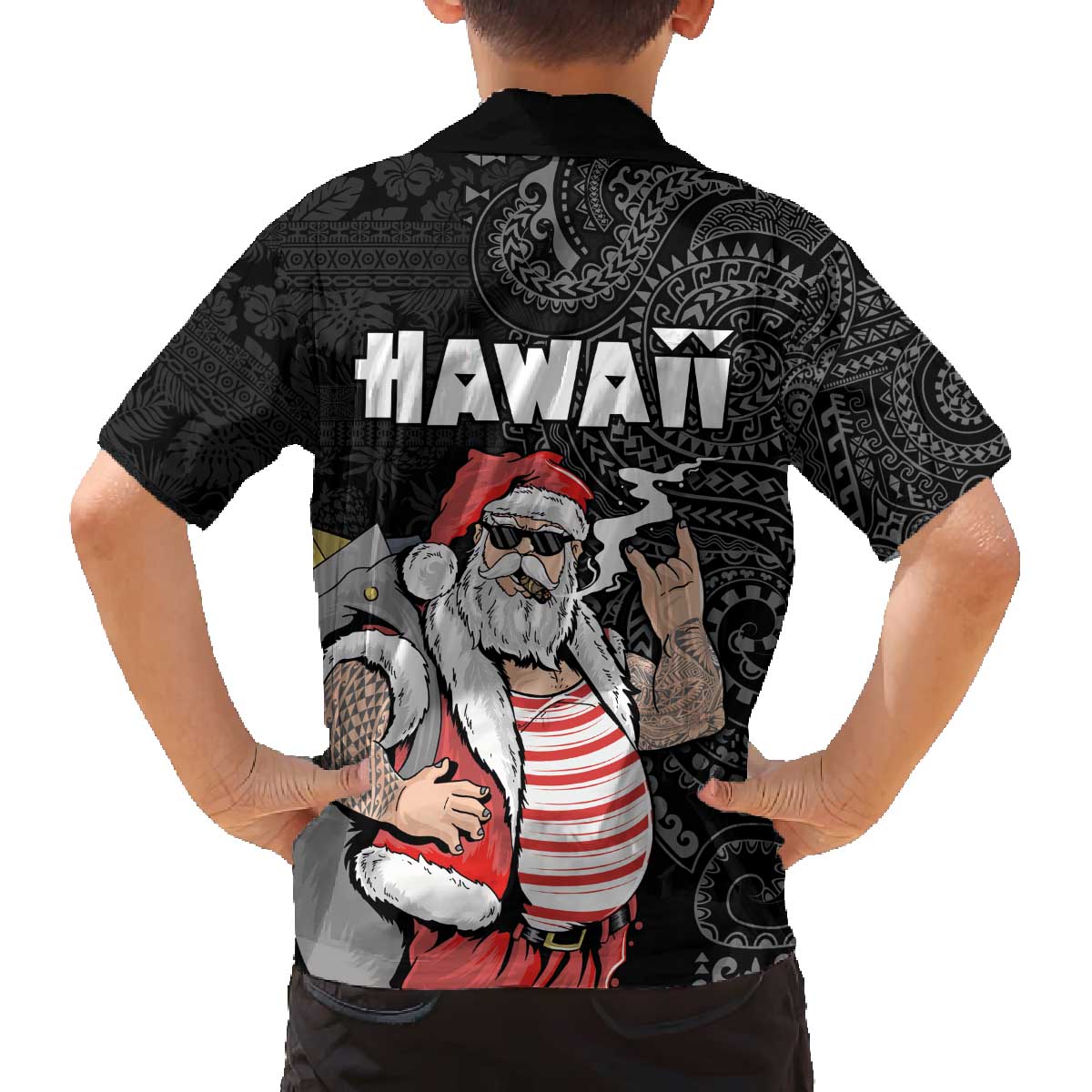 Hawaii Aloha Santa Claus Funny Polynesian Tattoo Family Matching Puletasi and Hawaiian Shirt Black Color