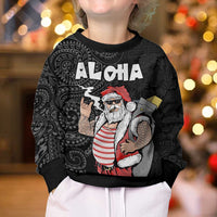 Hawaii Aloha Santa Claus Funny Polynesian Tattoo Kid Ugly Christmas Sweater Black Color