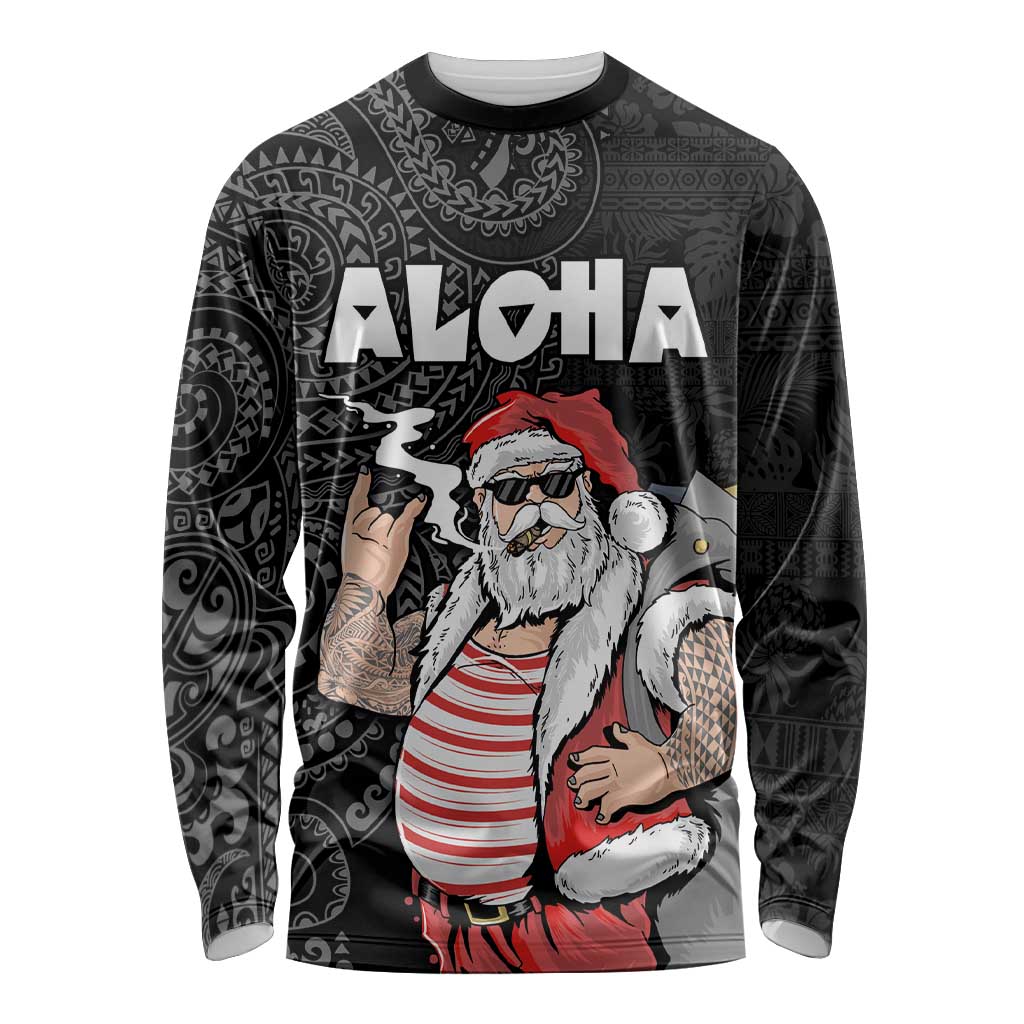 Hawaii Aloha Santa Claus Funny Polynesian Tattoo Long Sleeve Shirt Black Color