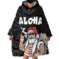 Hawaii Aloha Santa Claus Funny Polynesian Tattoo Wearable Blanket Hoodie Black Color