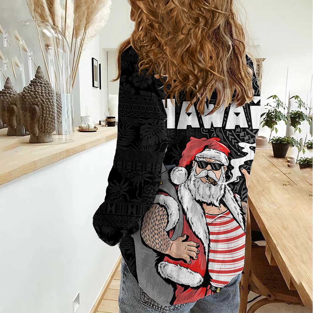 Hawaii Aloha Santa Claus Funny Polynesian Tattoo Women Casual Shirt Black Color