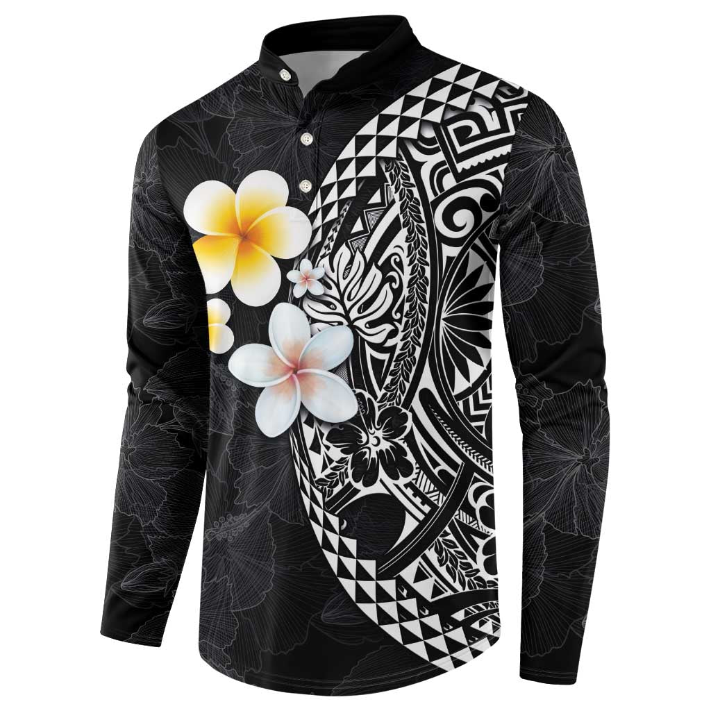 Hawaiian Hibiscus and Plumeria Polynesian Tribal Tattoo Button Sweatshirt Black Color