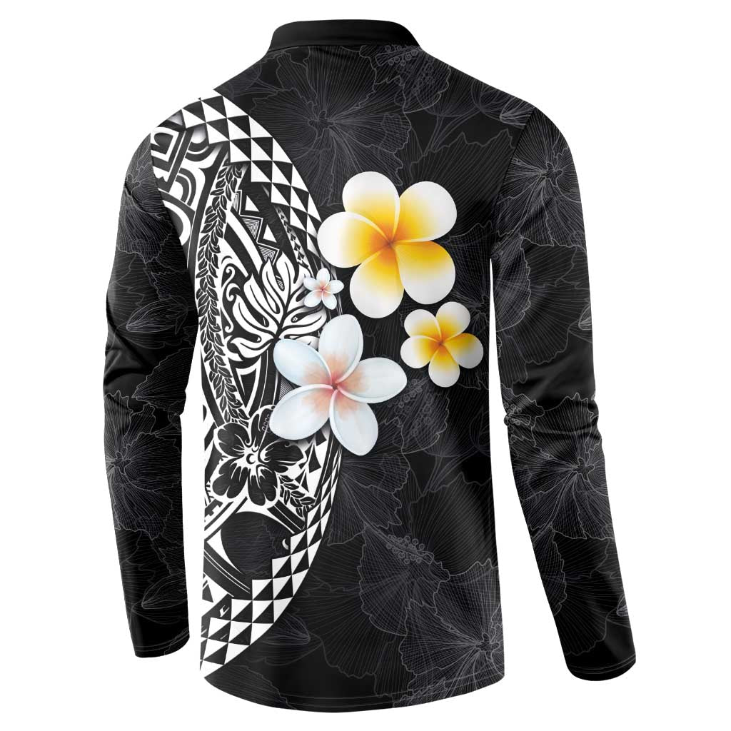 Hawaiian Hibiscus and Plumeria Polynesian Tribal Tattoo Button Sweatshirt Black Color