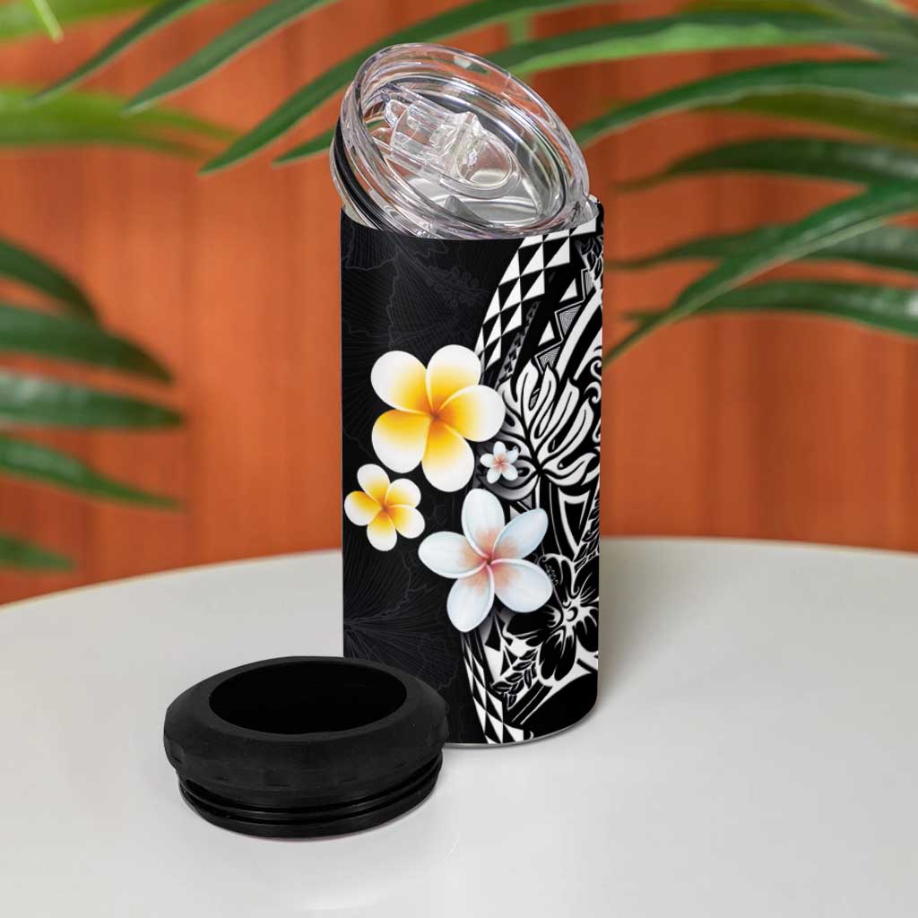 Hawaiian Hibiscus and Plumeria Polynesian Tribal Tattoo 4 in 1 Can Cooler Tumbler Black Color