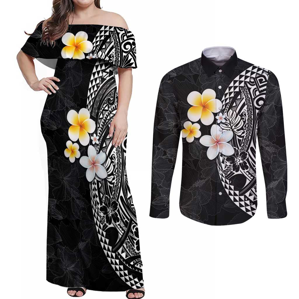 Hawaiian Hibiscus and Plumeria Polynesian Tribal Tattoo Couples Matching Off Shoulder Maxi Dress and Long Sleeve Button Shirt Black Color