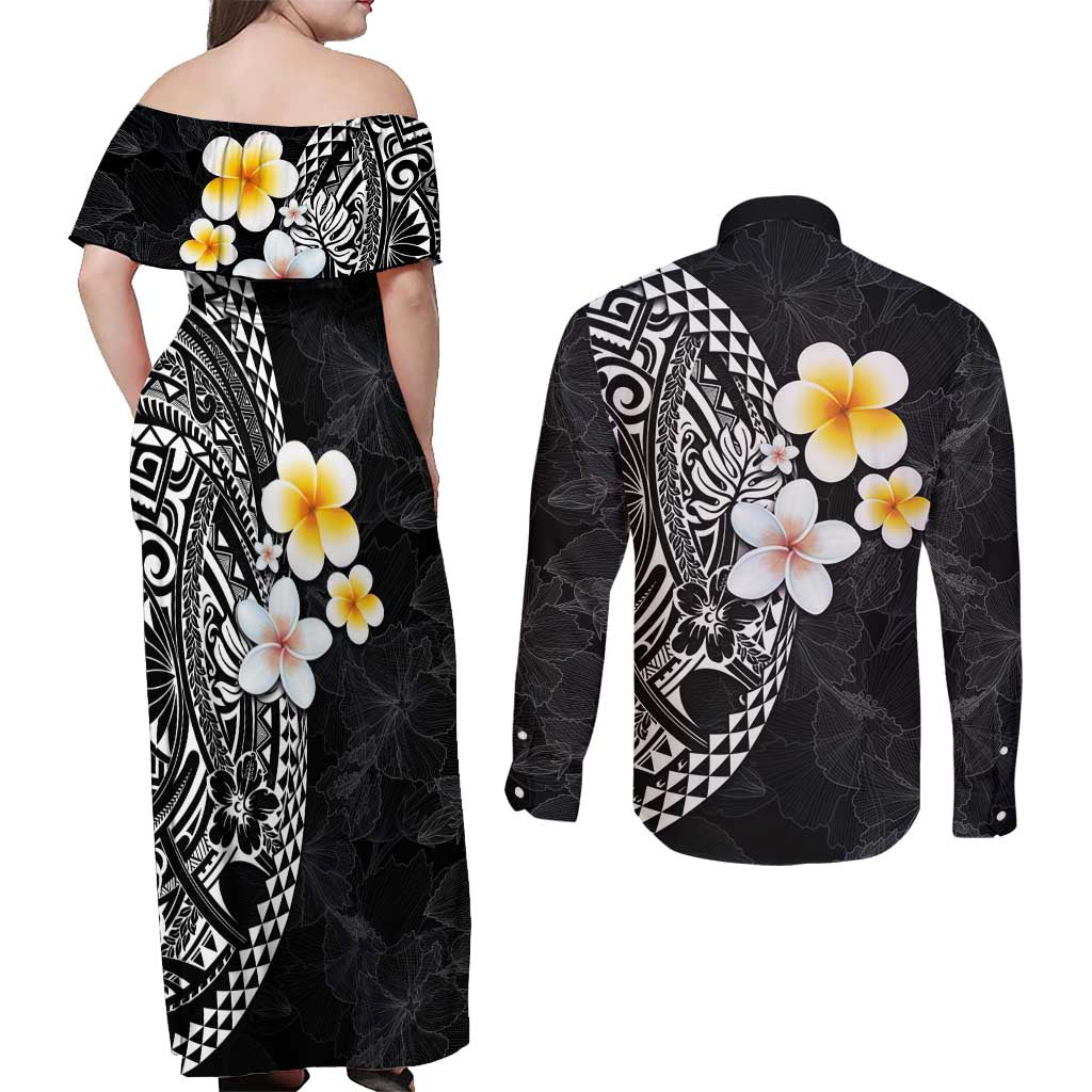 Hawaiian Hibiscus and Plumeria Polynesian Tribal Tattoo Couples Matching Off Shoulder Maxi Dress and Long Sleeve Button Shirt Black Color