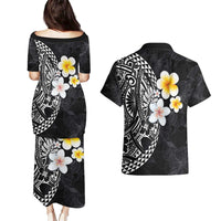 Hawaiian Hibiscus and Plumeria Polynesian Tribal Tattoo Couples Matching Puletasi and Hawaiian Shirt Black Color