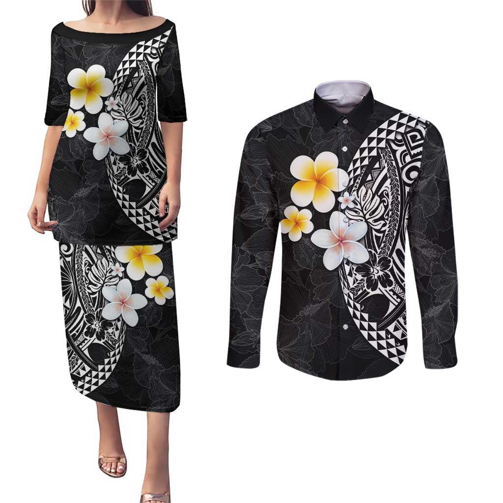 Hawaiian Hibiscus and Plumeria Polynesian Tribal Tattoo Couples Matching Puletasi and Long Sleeve Button Shirt Black Color