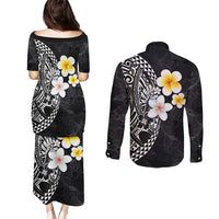 Hawaiian Hibiscus and Plumeria Polynesian Tribal Tattoo Couples Matching Puletasi and Long Sleeve Button Shirt Black Color