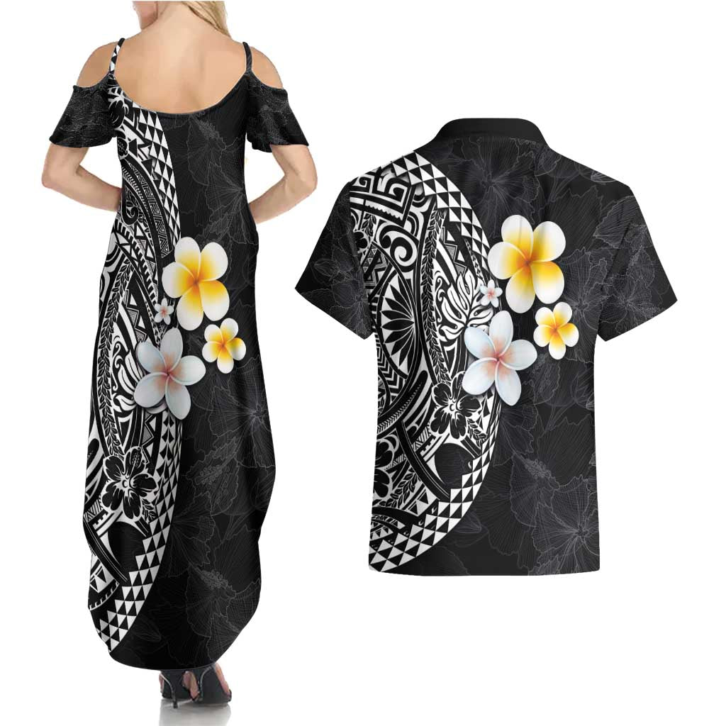 Hawaiian Hibiscus and Plumeria Polynesian Tribal Tattoo Couples Matching Summer Maxi Dress and Hawaiian Shirt Black Color
