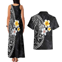 Hawaiian Hibiscus and Plumeria Polynesian Tribal Tattoo Couples Matching Tank Maxi Dress and Hawaiian Shirt Black Color