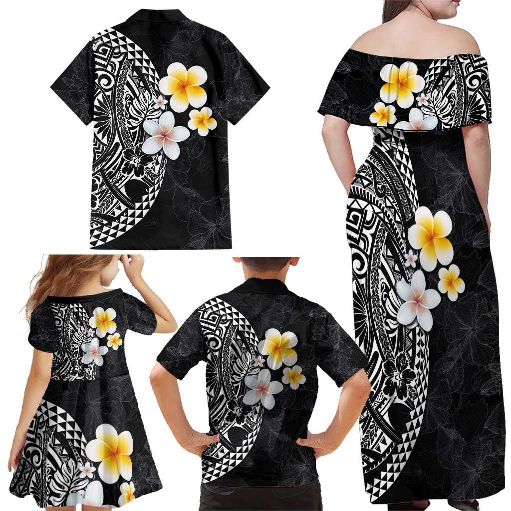 Hawaiian Hibiscus and Plumeria Polynesian Tribal Tattoo Family Matching Off Shoulder Maxi Dress and Hawaiian Shirt Black Color