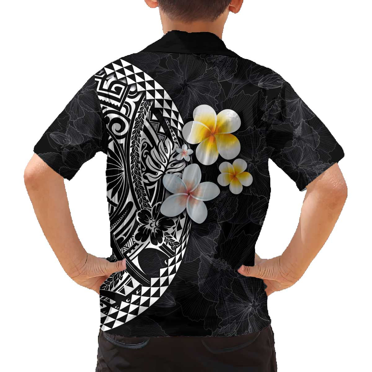 Hawaiian Hibiscus and Plumeria Polynesian Tribal Tattoo Family Matching Off Shoulder Short Dress and Hawaiian Shirt Black Color