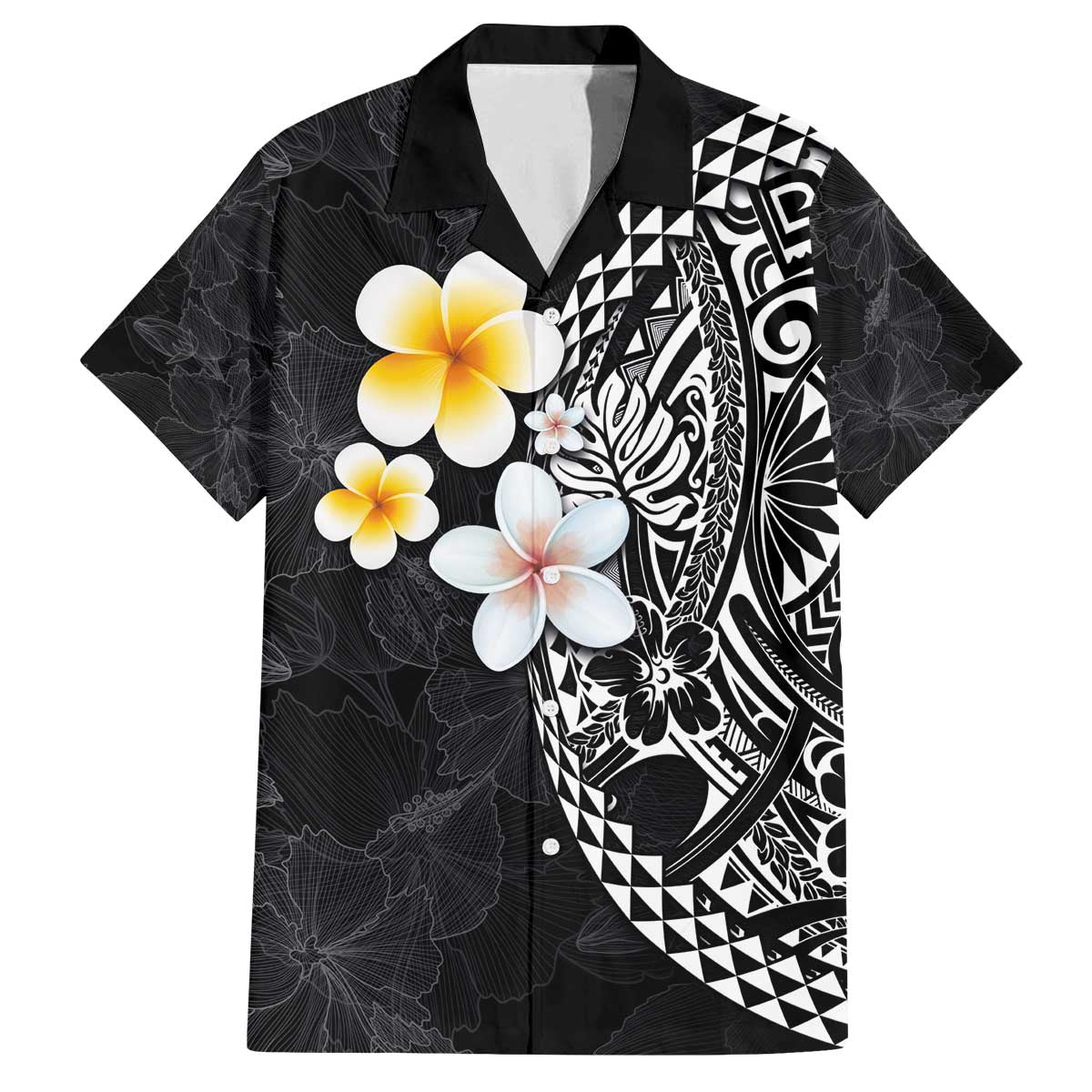 Hawaiian Hibiscus and Plumeria Polynesian Tribal Tattoo Family Matching Puletasi and Hawaiian Shirt Black Color