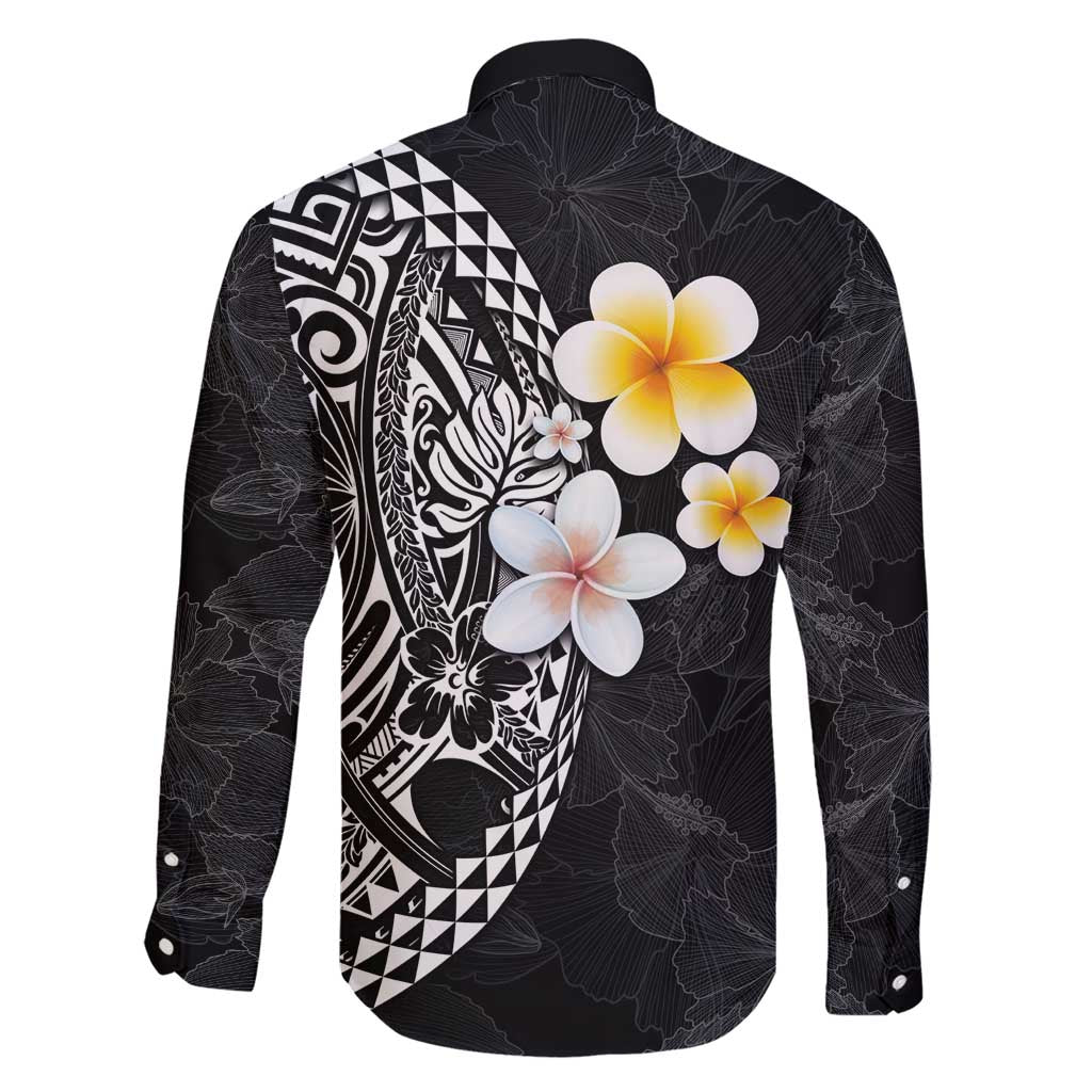 Hawaiian Hibiscus and Plumeria Polynesian Tribal Tattoo Family Matching Short Sleeve Bodycon Dress and Hawaiian Shirt Black Color