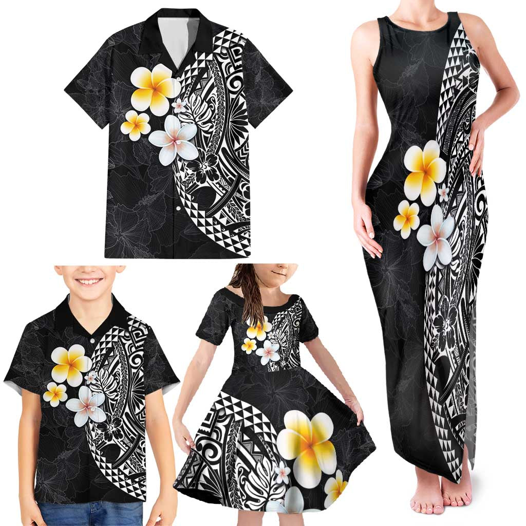 Hawaiian Hibiscus and Plumeria Polynesian Tribal Tattoo Family Matching Tank Maxi Dress and Hawaiian Shirt Black Color