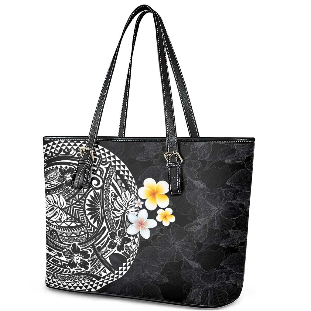 Hawaiian Hibiscus and Plumeria Polynesian Tribal Tattoo Leather Tote Bag Black Color