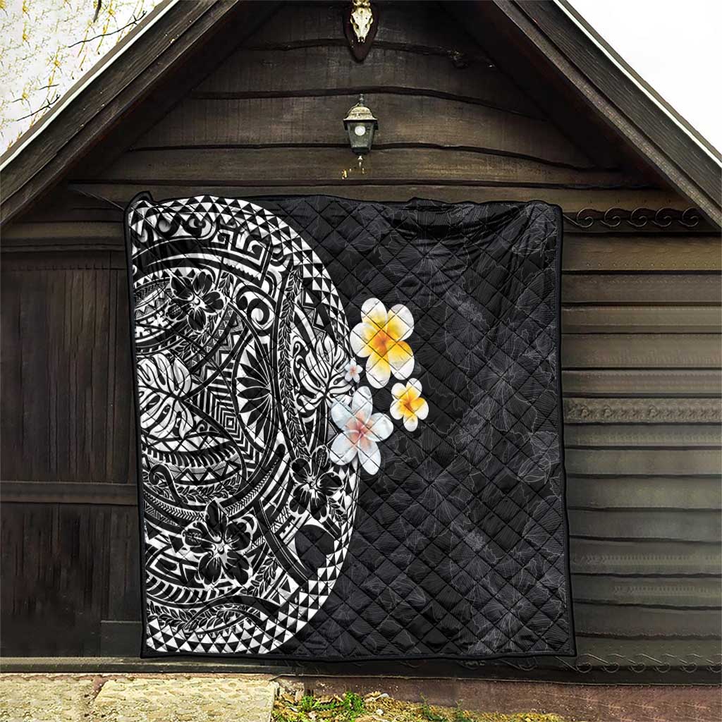 Hawaiian Hibiscus and Plumeria Polynesian Tribal Tattoo Quilt Black Color