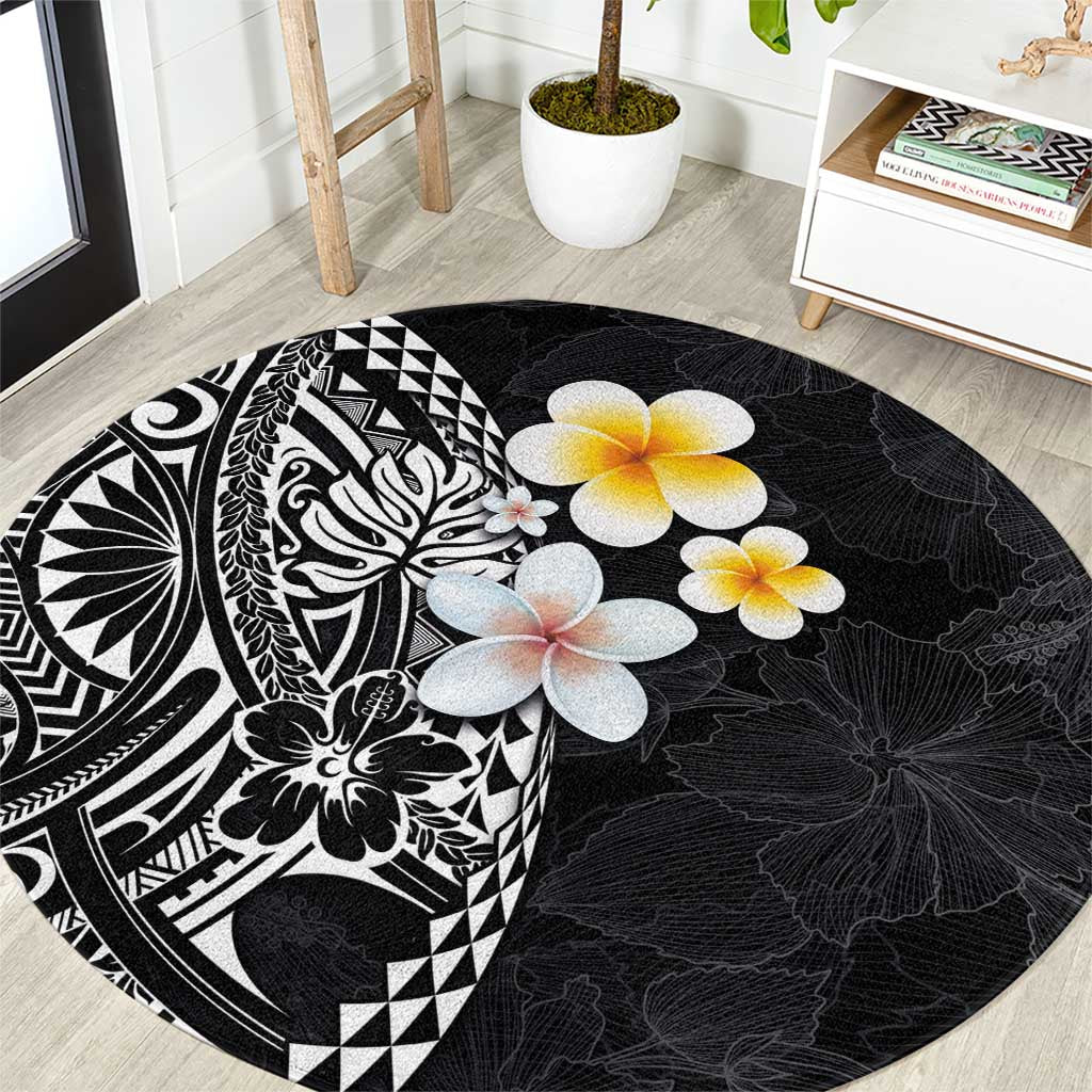 Hawaiian Hibiscus and Plumeria Polynesian Tribal Tattoo Round Carpet Black Color LT03 Black - Polynesian Pride