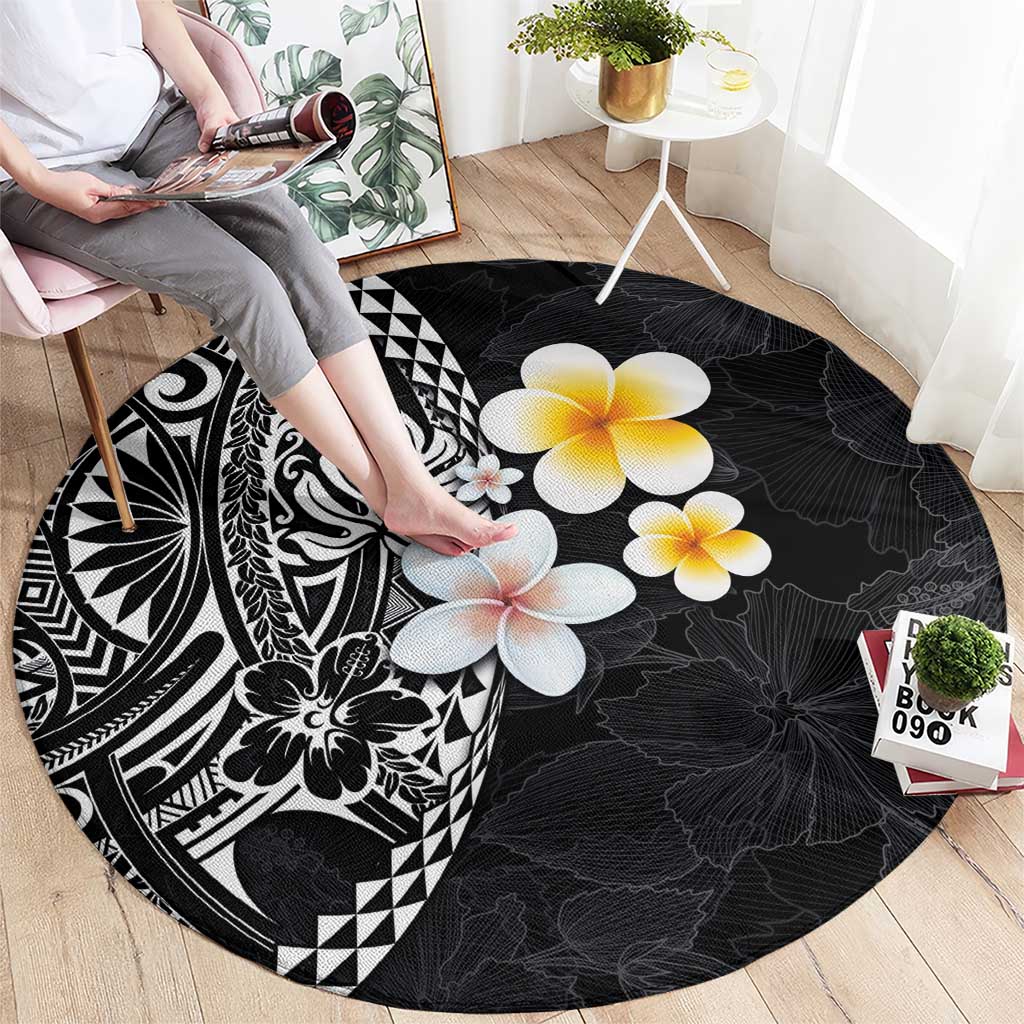 Hawaiian Hibiscus and Plumeria Polynesian Tribal Tattoo Round Carpet Black Color LT03 - Polynesian Pride