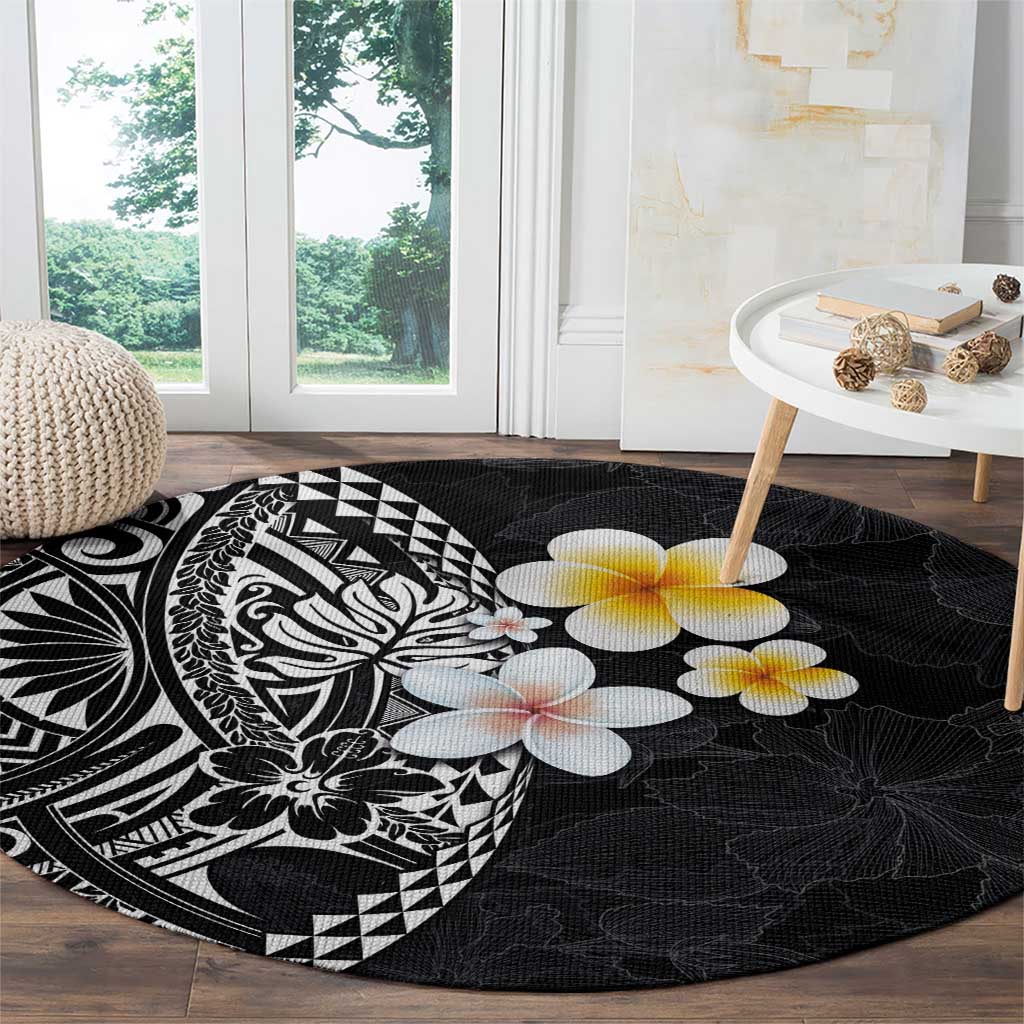 Hawaiian Hibiscus and Plumeria Polynesian Tribal Tattoo Round Carpet Black Color LT03 - Polynesian Pride