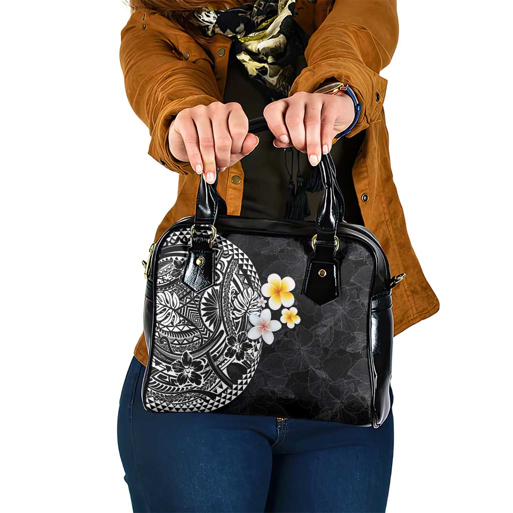Hawaiian Hibiscus and Plumeria Polynesian Tribal Tattoo Shoulder Handbag Black Color