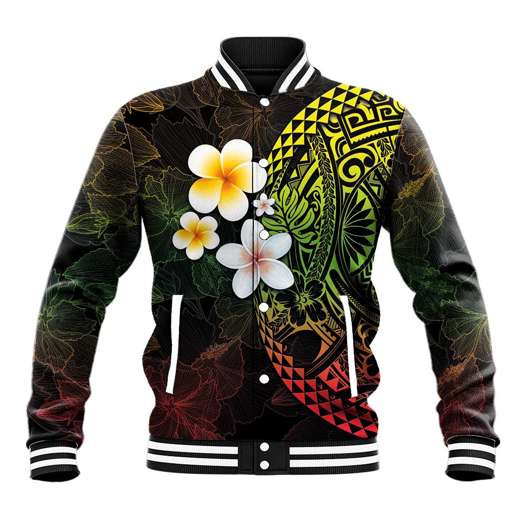 Hawaiian Hibiscus and Plumeria Polynesian Tribal Tattoo Baseball Jacket Reggae Color