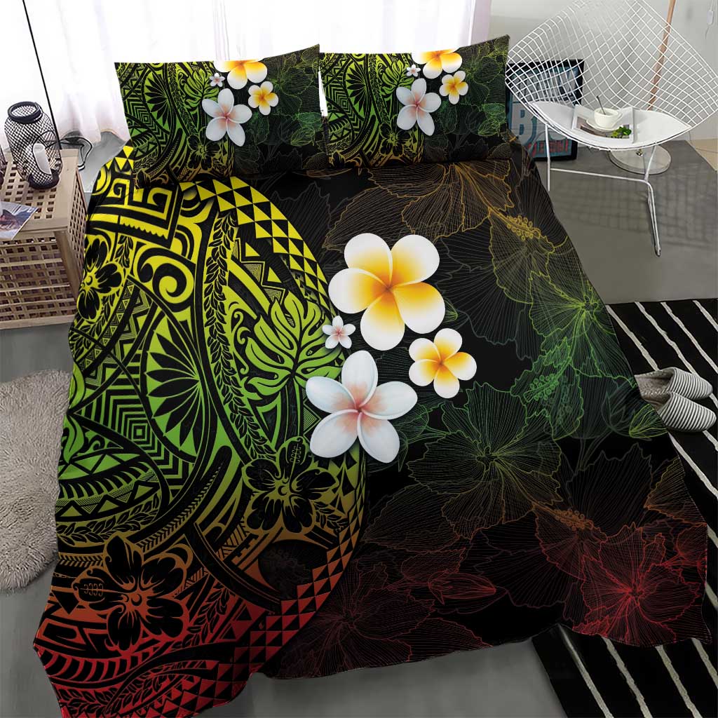 Hawaiian Hibiscus and Plumeria Polynesian Tribal Tattoo Bedding Set Reggae Color