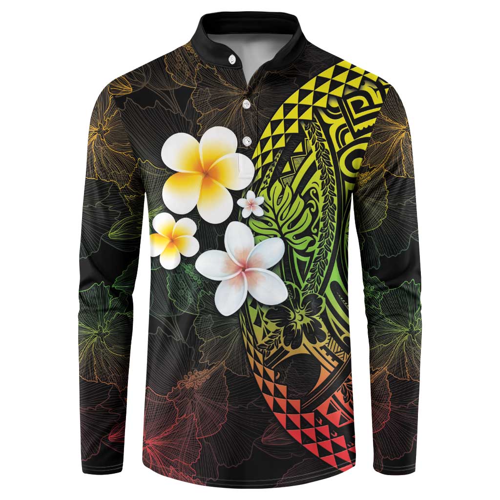 Hawaiian Hibiscus and Plumeria Polynesian Tribal Tattoo Button Sweatshirt Reggae Color