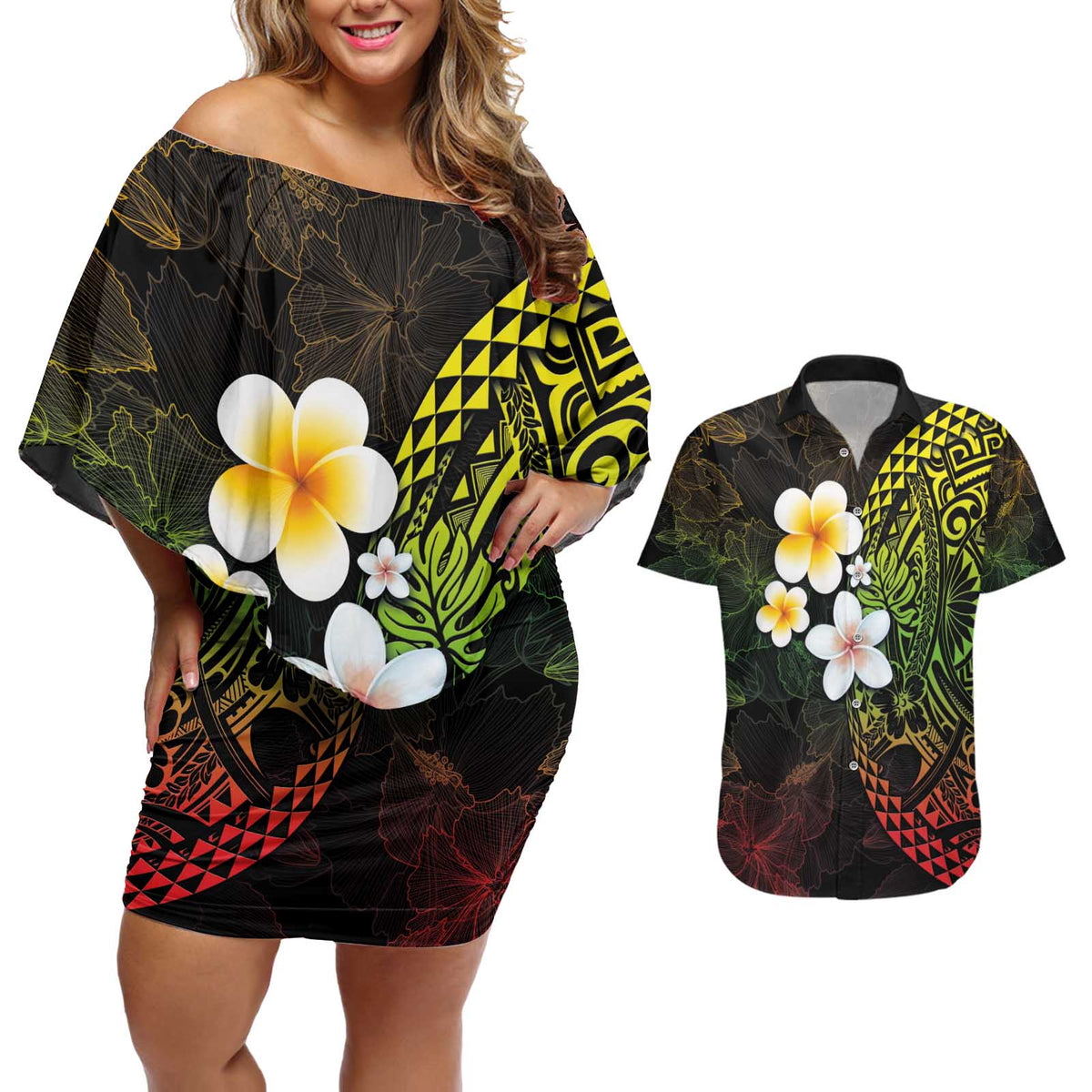 Hawaiian Hibiscus and Plumeria Polynesian Tribal Tattoo Couples Matching Off Shoulder Short Dress and Hawaiian Shirt Reggae Color