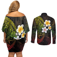 Hawaiian Hibiscus and Plumeria Polynesian Tribal Tattoo Couples Matching Off Shoulder Short Dress and Long Sleeve Button Shirt Reggae Color