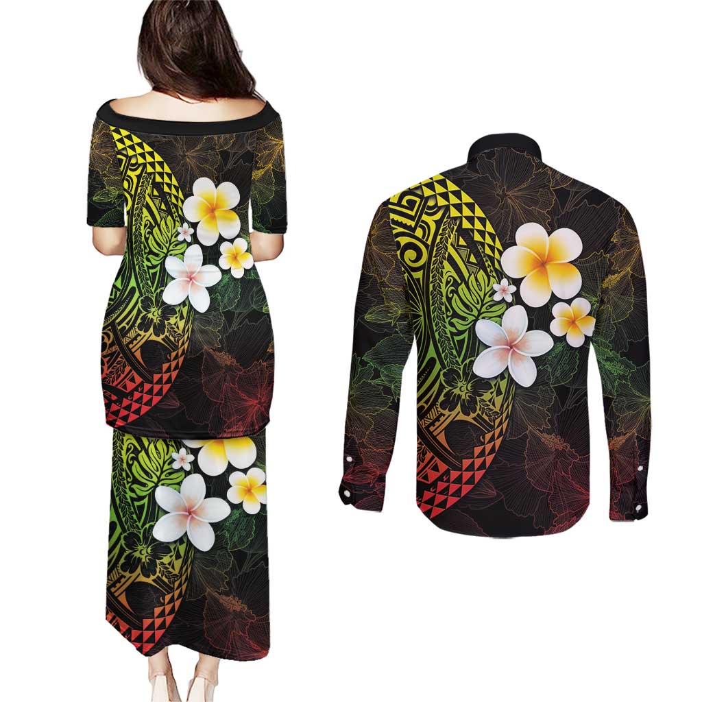 Hawaiian Hibiscus and Plumeria Polynesian Tribal Tattoo Couples Matching Puletasi and Long Sleeve Button Shirt Reggae Color